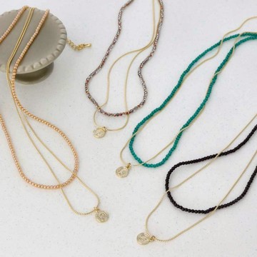 ｜OSEWAYA｜硬幣串珠雙層項鍊 鎖骨鍊 復古飾品 日本飾品