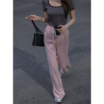 【清倉4折】夏詩文 醋纖休閑褲 垂感醋酸闊腿直筒松緊腰長褲