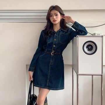 連身裙．個性排釦丹寧口袋翻領長袖洋裝．白鳥麗子