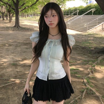 ˏˋ 𝐻𝑒𝑦 𝑆𝑝𝑟𝑖𝑛𝑔 - ̗̀ 🌷⛅️ ̖́‎韓系甜美氣質蝴蝶結繫帶壓褶微透減齡顯瘦泡泡袖襯衫