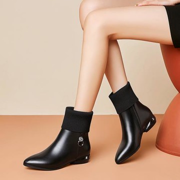 軟皮尖頭毛線口中筒靴女2022秋冬新款粗跟中跟加絨大碼皮靴瘦瘦靴