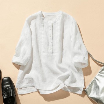 亞麻七分袖襯衫 氣質百搭上衣 透氣舒適  日系風格白色  240511-1