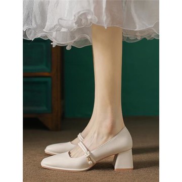 真皮法式瑪麗珍高跟鞋女2025新款春秋季白色方頭淺口中跟粗跟單鞋