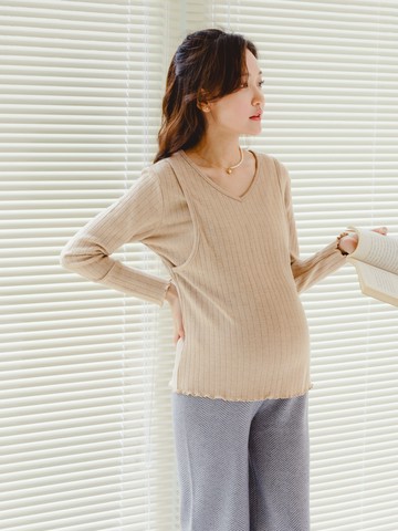 優雅V領坑條彈力針織哺乳上衣
