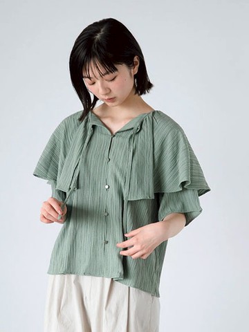 抓皺紋理感荷葉披肩造型綁帶短袖襯衫(0F000889910) - ehka sopo