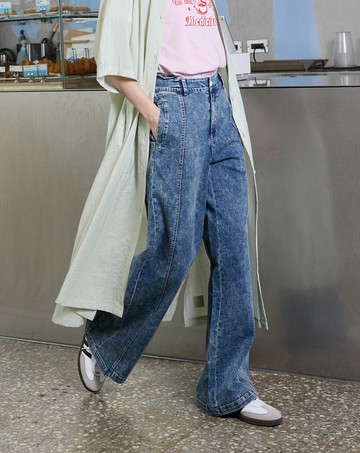 好比例雪花水洗拼接牛仔寬褲(兩色)