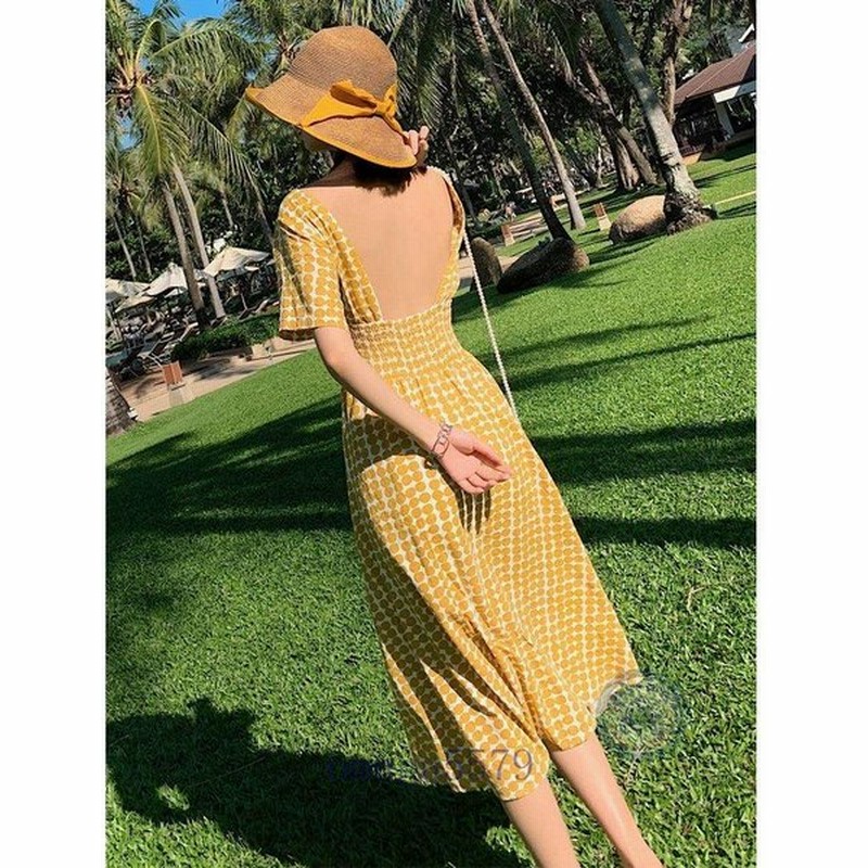 夏 サマードレス 安い 可愛い ワンピース フェミニン イエロー 黄色 かわいい 半袖 フレアスカート 膝丈 ミディ丈 リゾート 通販 Lineポイント最大get Lineショッピング