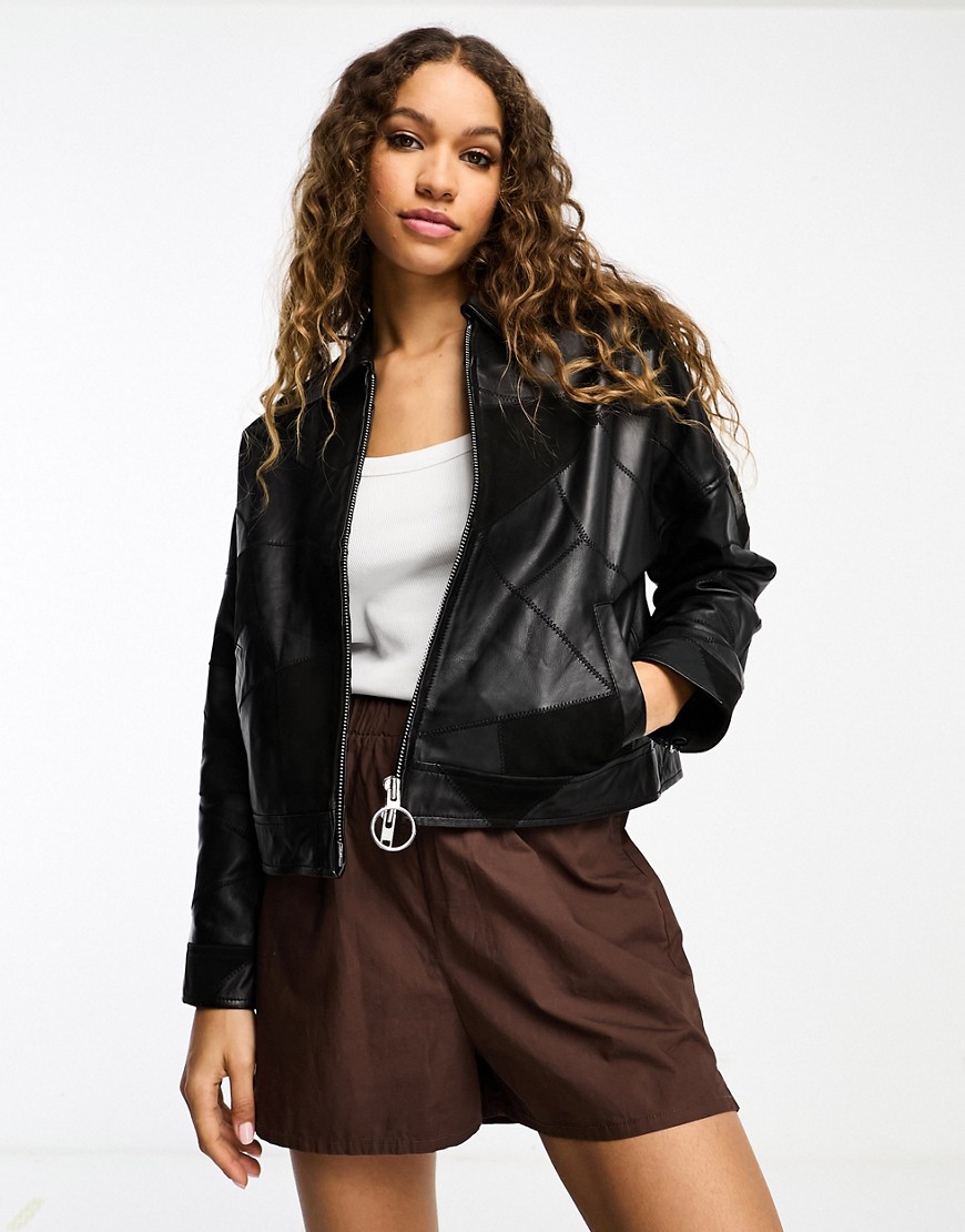 Muubaa retro patchwork leather bomber jacket in black