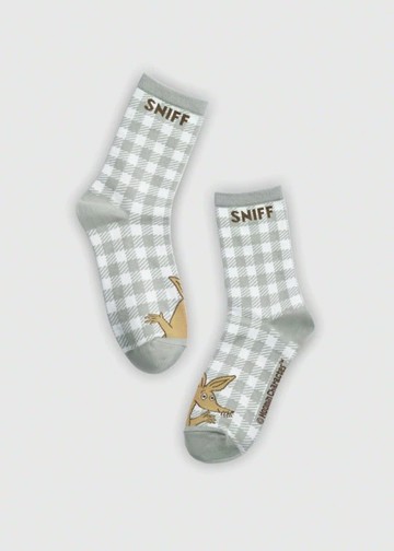 姆明系列．緹花中筒襪(灰綠格紋-史尼夫)