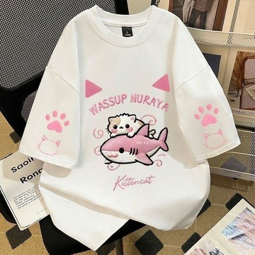7729 人重複消費🩶新款美式鯊魚貓咪仿刺繡印花短袖t恤男女情侶款夏季潮牌半袖上衣1VA7