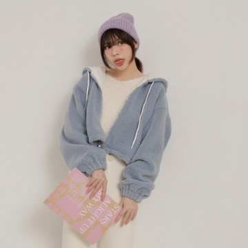 羊羔毛連帽拉鍊外套-藍【KT28856】