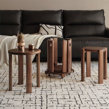 源氏木語橡膠木實木胡桃色邊几堆疊圓凳4件組(含滾輪底座)H245T02-(H014413036)