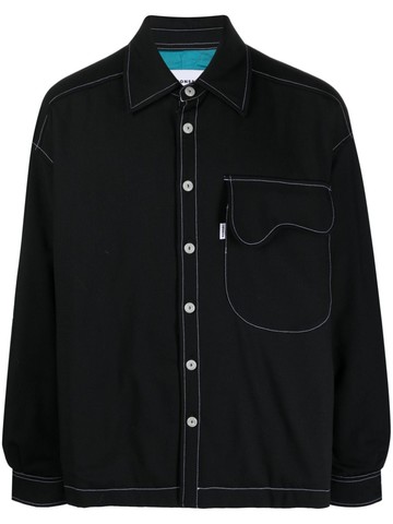 Bonsai - logo-patch contrast-stitching shirt - men - Polyester/Virgin Wool/Elastane/Acetate/Viscose - L - Black