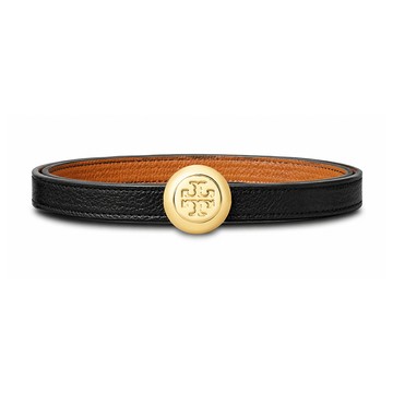 TORY BURCH ROMY 荔枝紋皮革圓形LOGO雙面皮帶(黑棕-M(86.5cm))