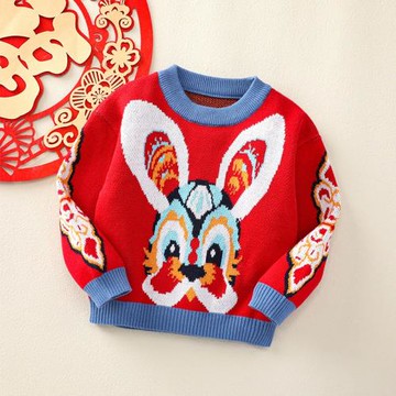 清倉嬰幼兒毛衣中小童秋冬針織套頭衫紅色圓領拜年外出服