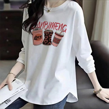 愛依依 上衣 長袖T卹 印花上衣 中長款 M-2XL新款打底衫中長款T卹女長袖內搭洋氣疊穿寬鬆上衣-9844.