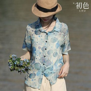 初色 復古風修身顯瘦水彩暈染印花單排釦翻領短袖棉麻襯衫上衣女上衣-藍色-50347(M-2XL可選)