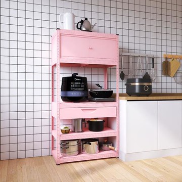 峰陽粉色廚房置物架置物柜帶抽屜門微波爐烤箱架子落地多層櫥柜a1