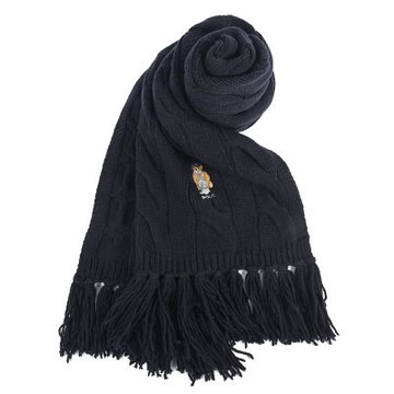 RALPH LAUREN POLO 小熊刺繡素面絞花流蘇針織圍巾-海軍藍色