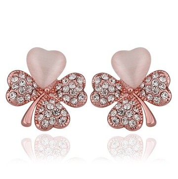 純銀耳環鍍18K金貓眼石耳飾-精緻鑲鑽時尚四葉草情人節生日禮物女飾品73cg229【獨家進口】【米蘭精品】