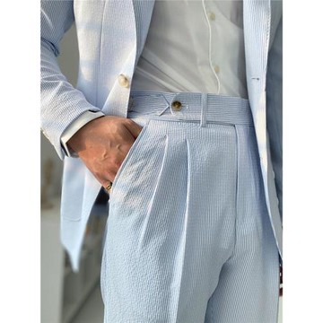 泡泡紗高腰那不勒斯西褲男士夏季直筒休閑褲隨性優雅時尚英倫長褲