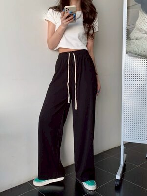 女士休閒褲闊腿褲時尚簡約舒適直筒褲高腰顯瘦女性長褲流行女裝【聚物優品】