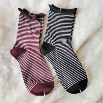 青島純棉卷日系邊松口女襪老人襪月子襪堆堆襪黑條紋中筒簡約百搭
