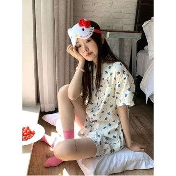 Xuan♥睡衣套裝女卡通小象印花夏季短袖短褲可愛甜美休閒簡約家居服套裝