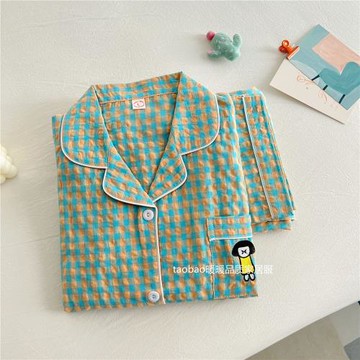 夏天睡衣女2025年春秋款短袖長褲純棉麻夏季格子女士長袖家居服