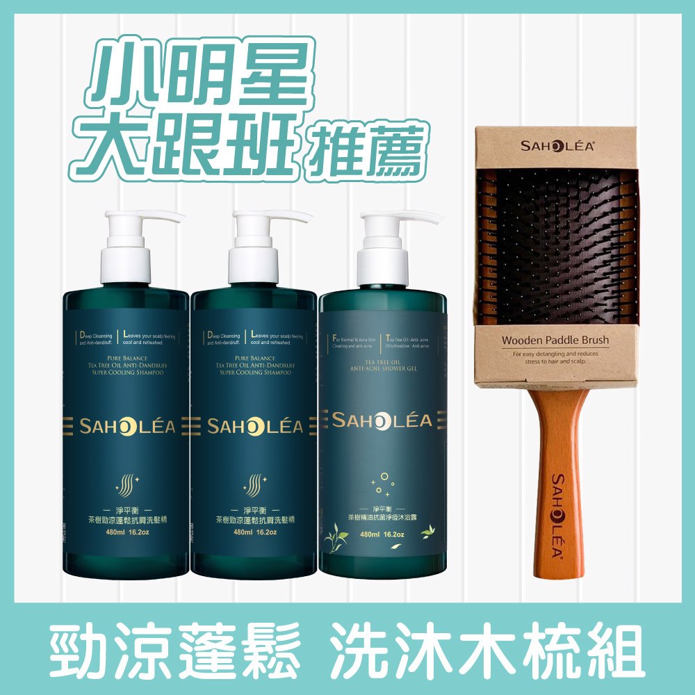 【小明星大跟班節目推薦】茶樹勁涼蓬鬆抗屑 洗沐木梳組(茶樹勁涼抗屑洗髮精*2+茶樹沐浴露*1)+原木氣墊按摩梳｜SAHOLEA森歐黎漾【茶樹洗髮精/護髮素/按摩梳/睡不醒頭洗髮精/換季洗髮精】