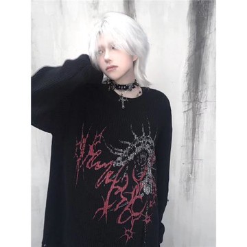 斷片小說&濕體聯名款 原創亞文化毛衣潮牌街頭破洞寬松中性上衣女