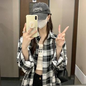 台灣出貨 港味韓系寬鬆格子防曬襯衫外套女夏季薄款新款中長款長袖上衣 長袖襯衫 寬鬆顯瘦上衣 襯衫外套 防曬長袖