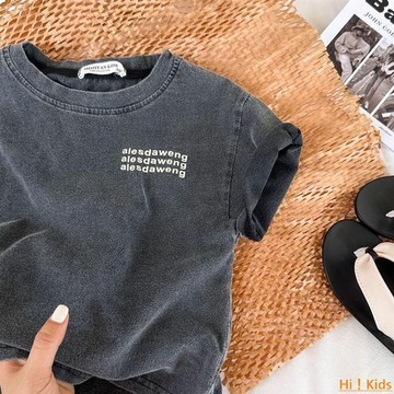 【Hi！Kids】熱銷新款日韓做舊黑色純棉短袖帥氣男童洋氣字母印花中兒童t恤幼兒園夏季上衣