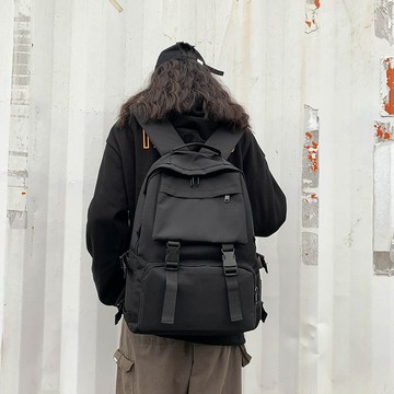 隔日達🎀工裝書包女 韓版高中學生原宿大容量雙肩包男 潮牌ins背包黑 多夾層後背包 防潑水後背包 旅行背包 簡約電腦背包