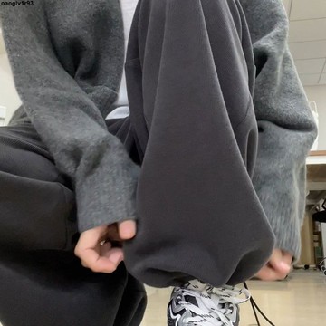 台出✨ 加絨加厚女褲長褲 👖 灰色運動褲女春秋2024新款高腰寬松束腳直筒休閑衛褲小個子闊腿褲