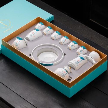 手繪清荷白瓷功夫茶具套裝家用客廳蓋碗泡茶杯茶壺送禮高檔禮盒裝