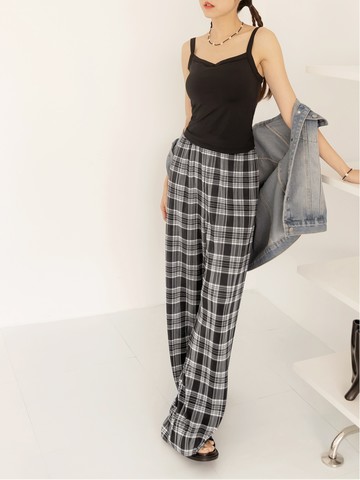 格紋壓褶鬆緊腰寬鬆直筒褲