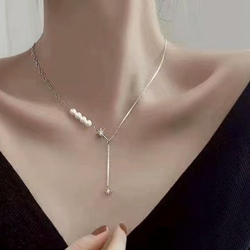 韓系 星芒珍珠 項鍊 項鍊女 長項鍊 項鏈 女生項鍊 项链 鎖骨項鍊 吊墜 銀色 金色 簡約 造型 潮流 F541