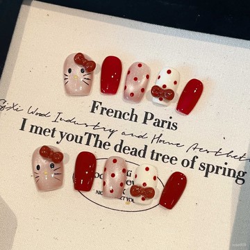 ✨Hannah✨純手工【紅色貓】波點貓咪蝴蝶結可愛顯白短款少女穿戴甲精緻穿戴甲 HVOW