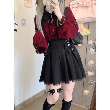 暗黑萬圣節吸血姬甜酷蝙蝠蕾絲領子黑紅色長短袖襯衫上衣