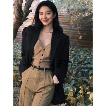 楊采鈺同款黑色西裝外套女高級感炸街中長款墊肩廓形寬松休閑西服