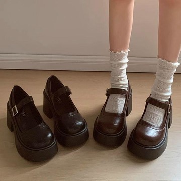 瑪麗珍鞋  小皮鞋  單鞋  棕色復古法式增高厚底小皮鞋女2025新款春季粗跟瑪麗珍淺口單鞋子