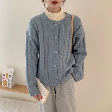 軟糯麻花開衫毛衣外套女秋冬2021年新款韓版寬松外穿藍色針織上衣