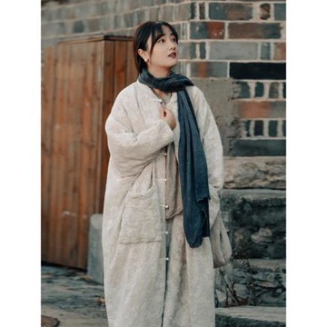 復古高檔提花亞麻對襟中式棉襖 知筆墨冬季過膝長款加厚保暖長袍