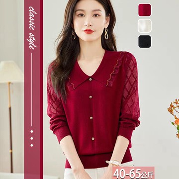 針織荷葉翻領釦飾拼接蕾絲緹花上衣(3色) F【354834X】【現+預】☆流行前線☆