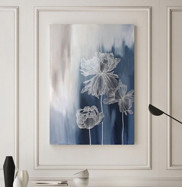銀藍色牆面藝術 |銀花朵繪畫 | 花朵牆面藝術 | 厚度 4