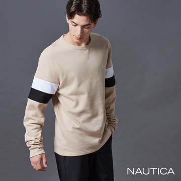 Nautica男裝 跳色拼接百搭長袖T恤-卡其色