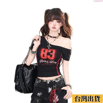 🌟新店優惠🌟短袖 辣妹短T 顯瘦 美式複工斜肩百搭字母純慾辣妹短袖斜肩T恤女夏季修身顯瘦上衣女