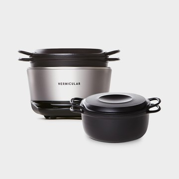 Vermicular MINI IH 琺瑯電子鑄鐵鍋 (飛魚銀)+琺瑯鑄鐵鍋19CM(黑)