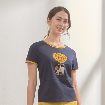★【喜芝梅】夢境綺思 可愛小象熱氣球撞色滾邊休閒圓領短袖上衣(三色；L-4L) 125992065